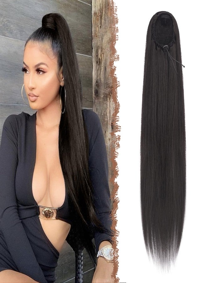 فيشبن وصلات شعر فيشفين ذات ذيل حصان برباط، ذيل حصان طويل مستقيم، شعر صناعي طبيعي، وصلات شعر بمشابك للنساء، أسود وبني، 20 بوصة - Image 1