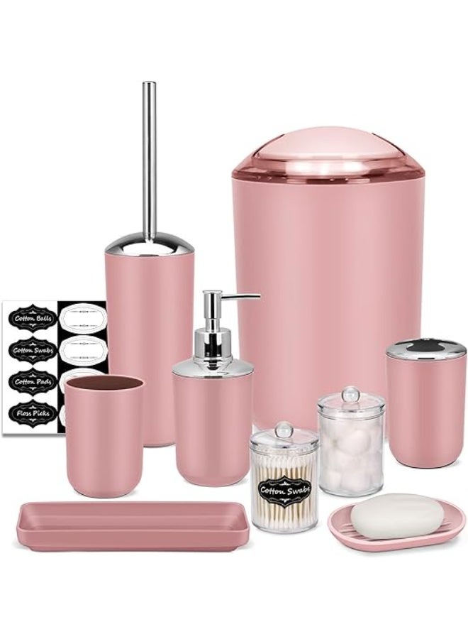 IMAVO Bathroom Accessory Set - 8 Pcs Pink Bathroom Accessories Set with Trash Can, Soap Dispenser, Soap Dish, Toothbrush Holder, Toothbrush Cup, Toilet Brush Holder, Qtip Holder Dispenser with Labels - Image 1
