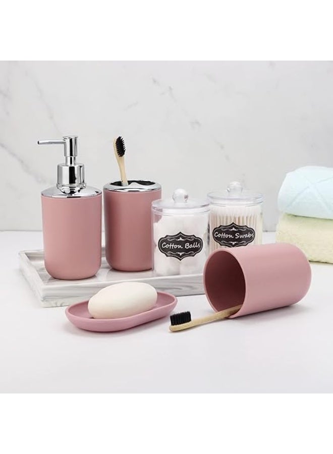 IMAVO Bathroom Accessory Set - 8 Pcs Pink Bathroom Accessories Set with Trash Can, Soap Dispenser, Soap Dish, Toothbrush Holder, Toothbrush Cup, Toilet Brush Holder, Qtip Holder Dispenser with Labels - Image 2