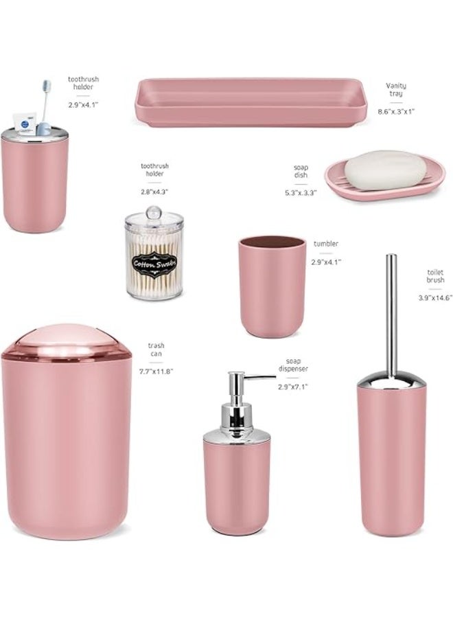 IMAVO Bathroom Accessory Set - 8 Pcs Pink Bathroom Accessories Set with Trash Can, Soap Dispenser, Soap Dish, Toothbrush Holder, Toothbrush Cup, Toilet Brush Holder, Qtip Holder Dispenser with Labels - Image 4
