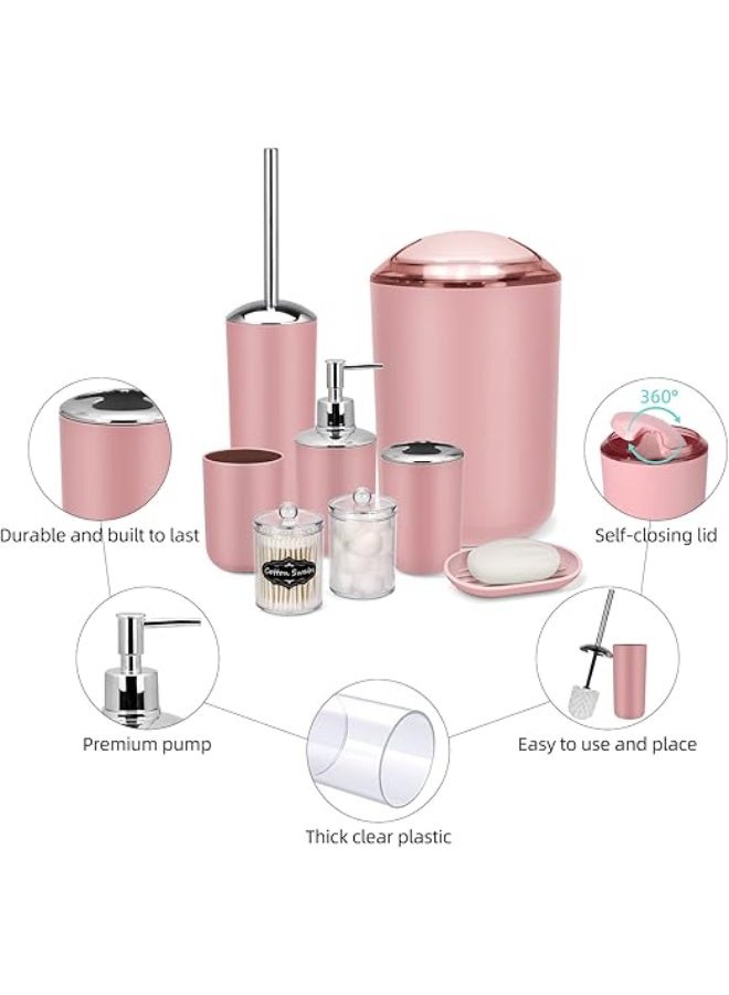 IMAVO Bathroom Accessory Set - 8 Pcs Pink Bathroom Accessories Set with Trash Can, Soap Dispenser, Soap Dish, Toothbrush Holder, Toothbrush Cup, Toilet Brush Holder, Qtip Holder Dispenser with Labels - Image 5