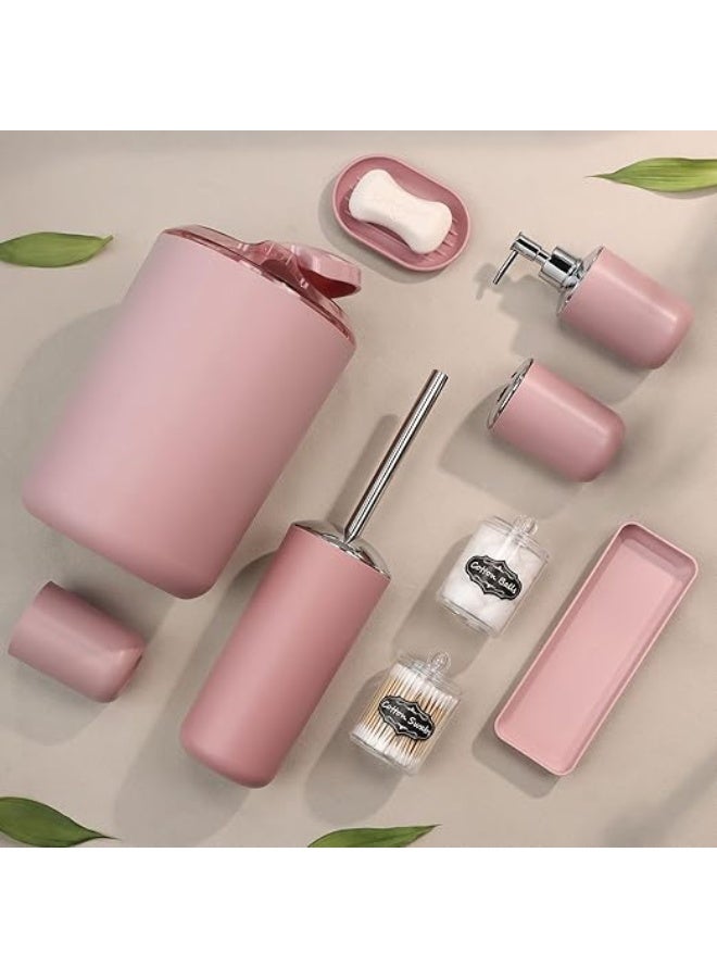 IMAVO Bathroom Accessory Set - 8 Pcs Pink Bathroom Accessories Set with Trash Can, Soap Dispenser, Soap Dish, Toothbrush Holder, Toothbrush Cup, Toilet Brush Holder, Qtip Holder Dispenser with Labels - Image 3