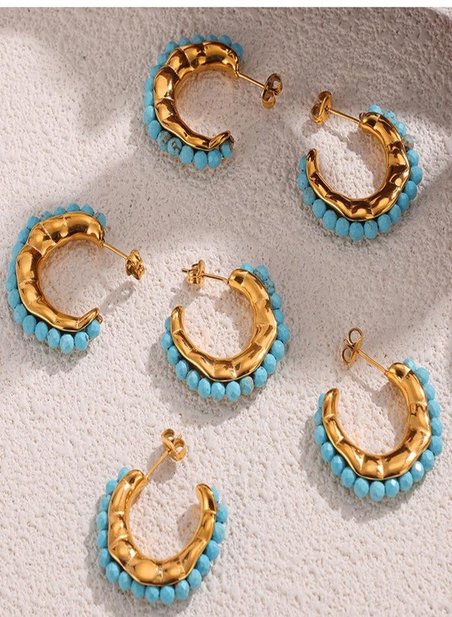 OIDIMS أقراط حلقية بوهيمية على شكل حرف C مرصعة بالفيروز للنساء، أقراط نصف دائرية مزينة بالخرز والأحجار، بتصميم غربي مميز، مصنوعة من الفولاذ المقاوم للصدأ المطلي بالذهب، بتصميم هندسي عتيق، هدية أنيقة، مجوهرات مضادة للحساسية - Image 5