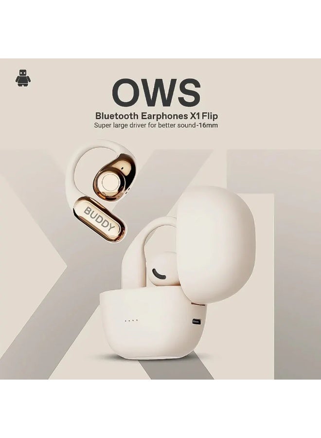 Buddy X1 Flip Wireless Earphones, Bluetooth 5.2, 400mAh Battery, 10 Hours Playtime, Beige - Image 2