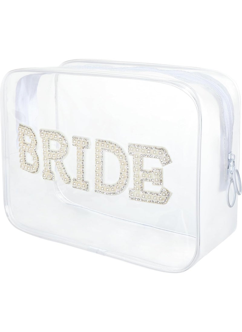 SUMERSHA - SUMERSHA Bride Clear Makeup Bag, PVC Cosmetic Bag Pearl Rhinestone Patch Bride Toiletry Bag Makeup Pouch with Zipper Bridal Shower Gift - Image 1