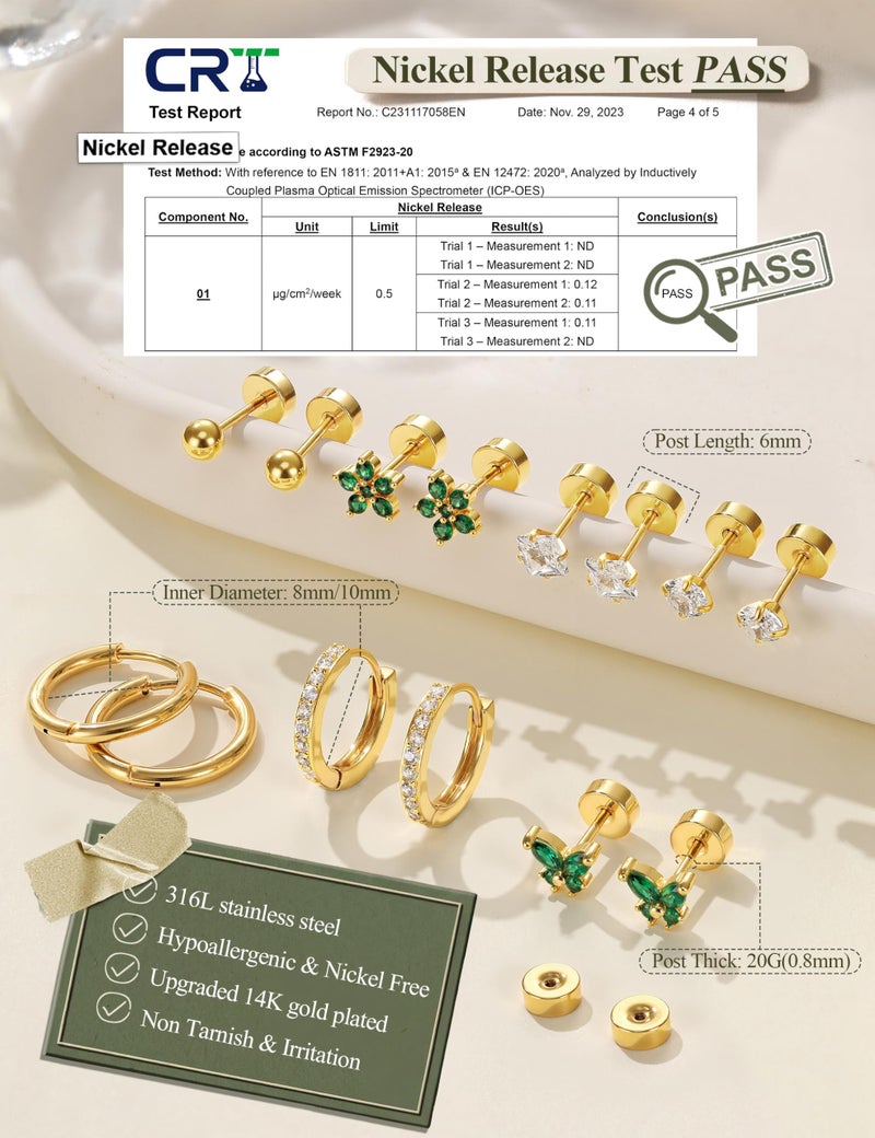 Jstyle Gold Stud Hoop Earrings for Women, Hypoallergenic Surgical Steel Earrings for Sensitive Ears, Comfortable Flat Back Earring for Sleeping/Daily, Nickel-Free Cartilage Earring Stack Set for Multiple Piercing Jewelry 12Pairs D - Image 5