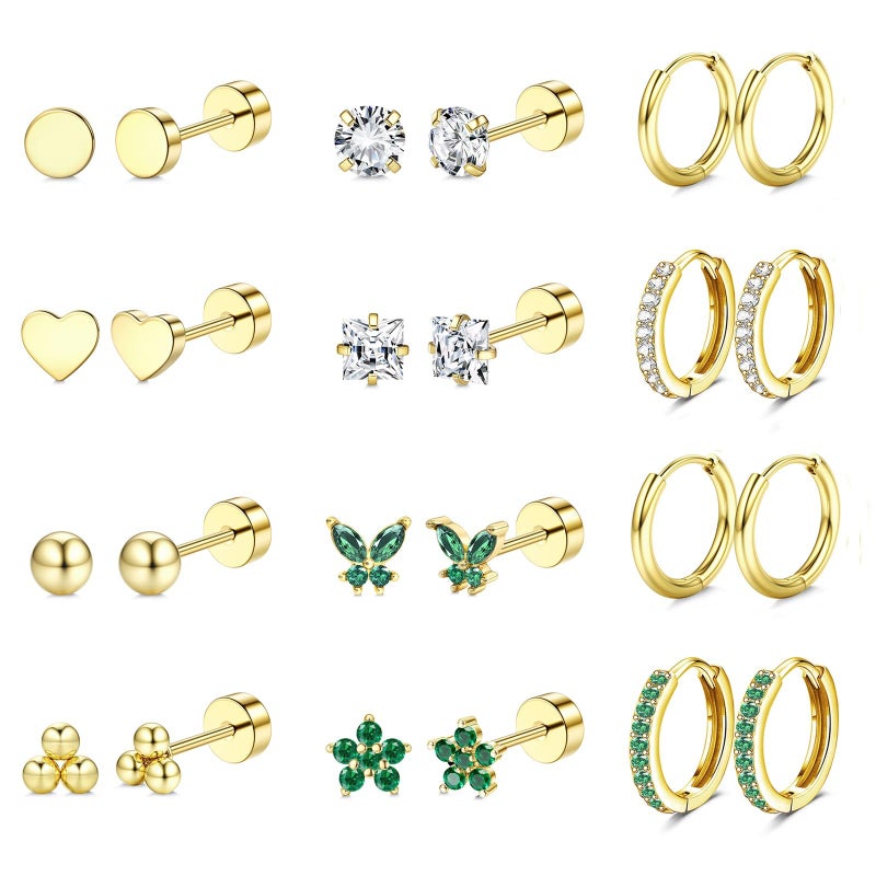 Jstyle Gold Stud Hoop Earrings for Women, Hypoallergenic Surgical Steel Earrings for Sensitive Ears, Comfortable Flat Back Earring for Sleeping/Daily, Nickel-Free Cartilage Earring Stack Set for Multiple Piercing Jewelry 12Pairs D - Image 1