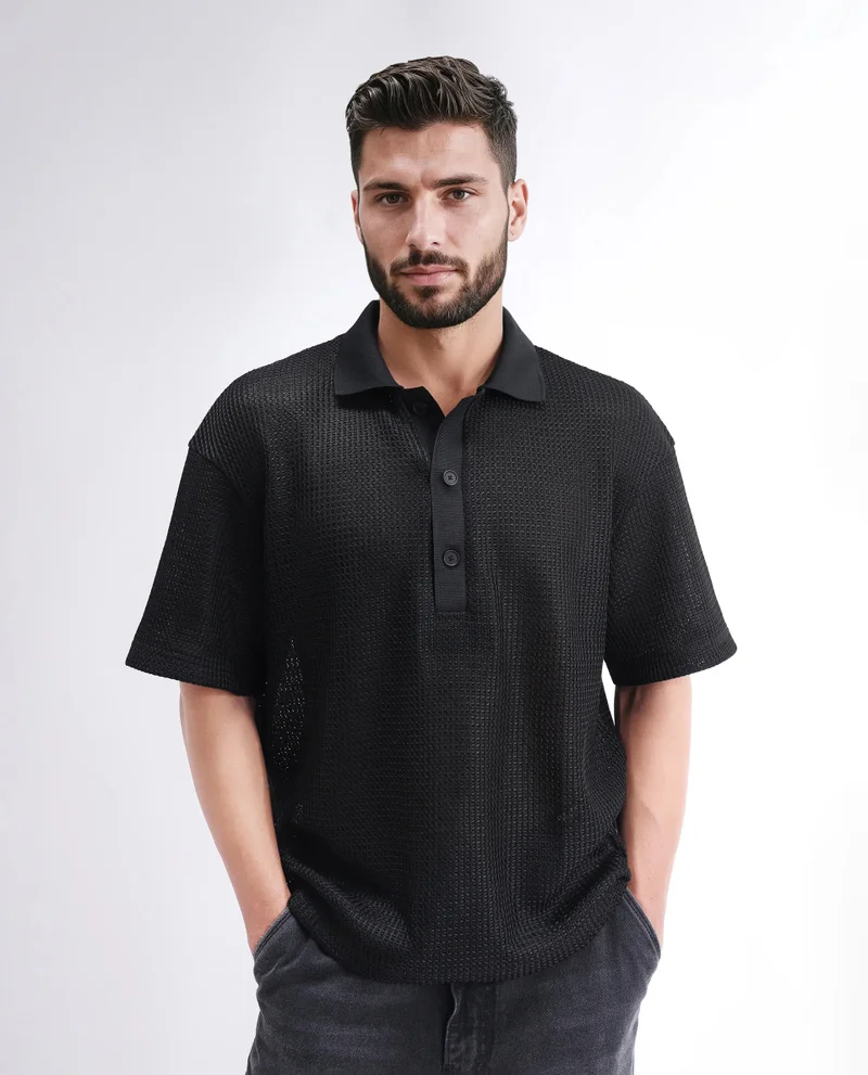 Rare Rabbit Rare Rabbit Men's Lbiza Black Cotton Fabric Full Sleeve Collared Neck Button Closure Knitted Shirt