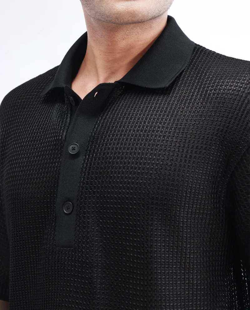 Rare Rabbit Rare Rabbit Men's Lbiza Black Cotton Fabric Full Sleeve Collared Neck Button Closure Knitted Shirt