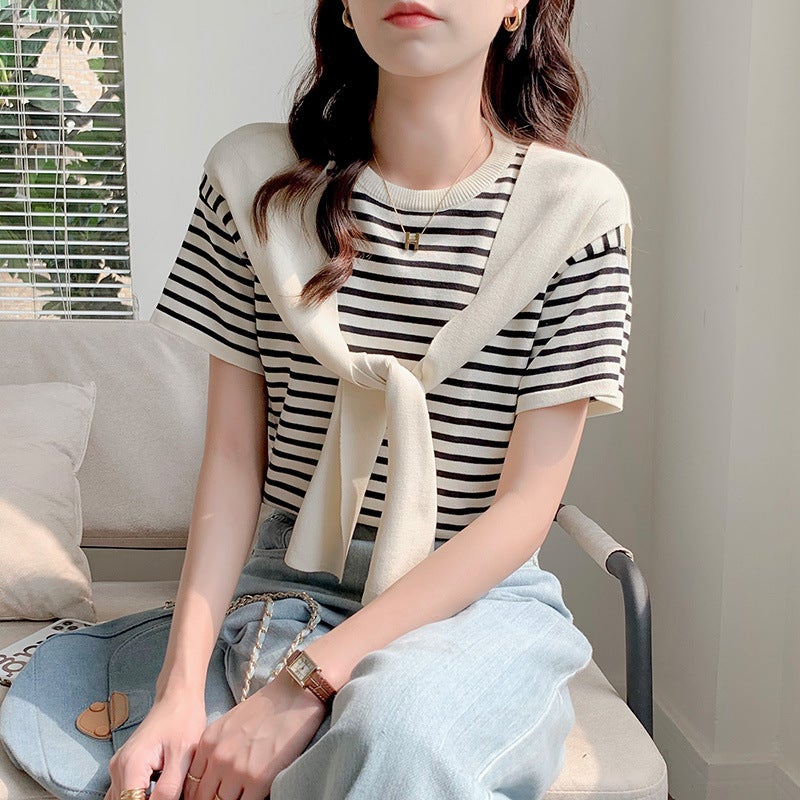 Real shot ice silk striped sweater short sleeve t-shirt women's 2023 new summer small loose ins tide - Image 3