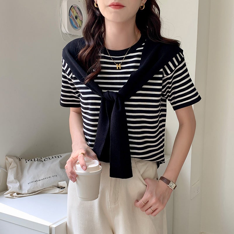 Real shot ice silk striped sweater short sleeve t-shirt women's 2023 new summer small loose ins tide - Image 2