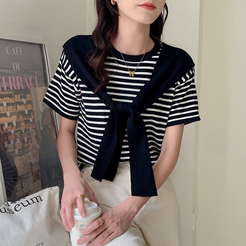 Real shot ice silk striped sweater short sleeve t-shirt women's 2023 new summer small loose ins tide - Image 5