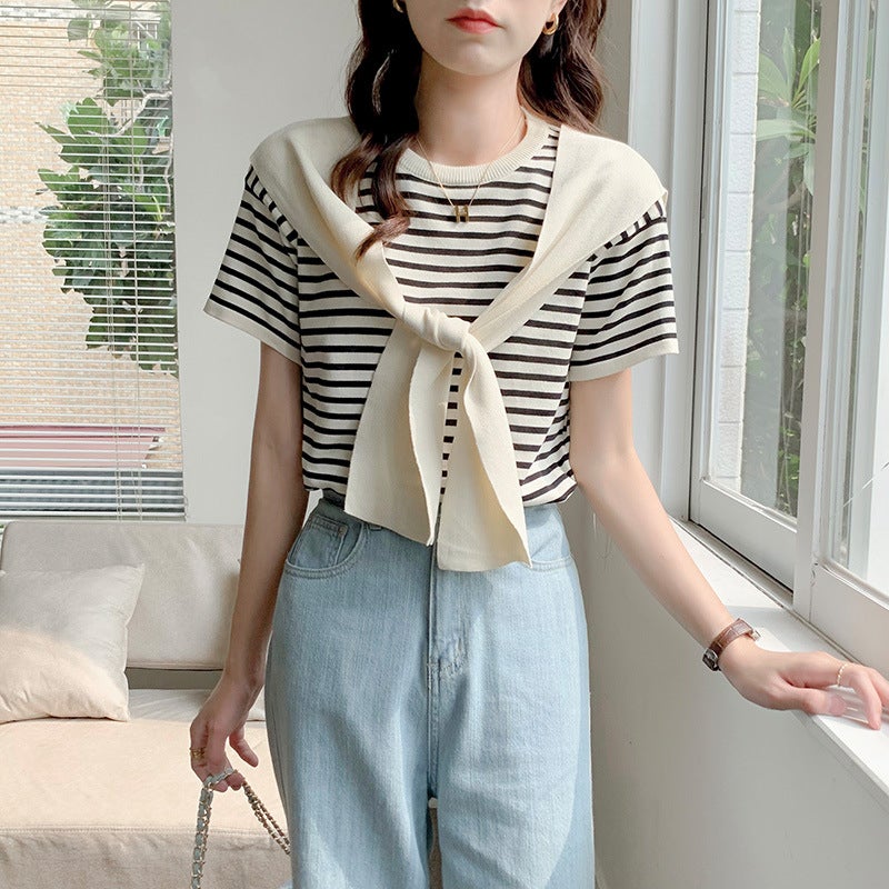 Real shot ice silk striped sweater short sleeve t-shirt women's 2023 new summer small loose ins tide - Image 4
