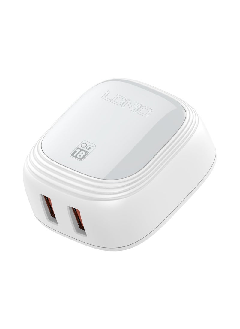 LDNIO - LDNIO A2512Q Fast Charger Universal Plug With Lightning Cable And Mini Dual USB Ports For Iphone 18W - White - Image 1