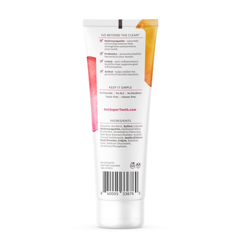 SUPER TEETH SuperTeeth Prebiotic Mineral Toothpaste for Adults and Kids | Antiplaque | Hydroxyapatite | Fluoride Free | SLS Free | Remineralizing | Oral Care | Made in USA | Strawberry - Image 2