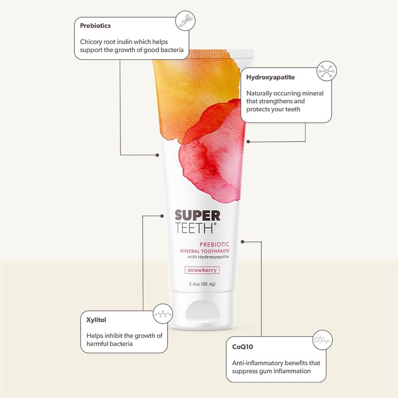 SUPER TEETH SuperTeeth Prebiotic Mineral Toothpaste for Adults and Kids | Antiplaque | Hydroxyapatite | Fluoride Free | SLS Free | Remineralizing | Oral Care | Made in USA | Strawberry - Image 5