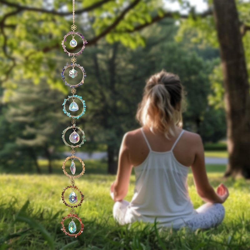 Dreamocean 7 Chakra Healing Crystals Hanging Ornamentï¼ŒHandmade Chakra Stones Sun Catcher Natrual Gemstone Window Wall Hanging Ornaments for Home Decor Yoga Meditation(Colorful Circle+Crystal) - Image 2