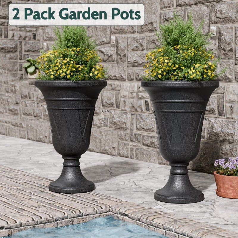 Trygoal 23.6" Tall Plastic Urn Planters for Outdoor Plants, Set of 2 Heavy-Duty Classic Indoor Large Flower Pots with Drainage Holes & Trophy Design, Outdoor Planters for Porch, Home Garden, Black - Image 4