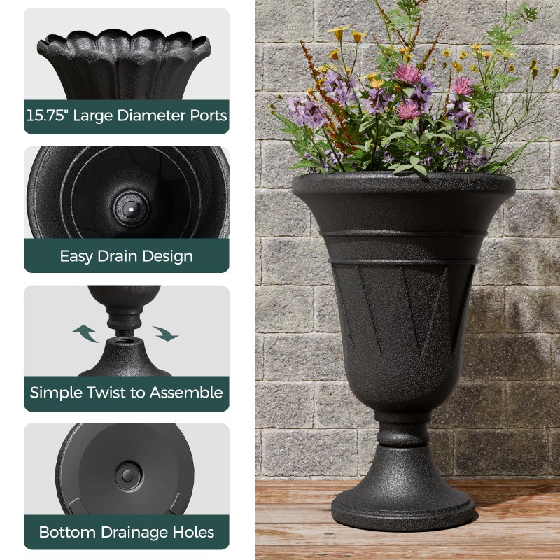 Trygoal 23.6" Tall Plastic Urn Planters for Outdoor Plants, Set of 2 Heavy-Duty Classic Indoor Large Flower Pots with Drainage Holes & Trophy Design, Outdoor Planters for Porch, Home Garden, Black - Image 3