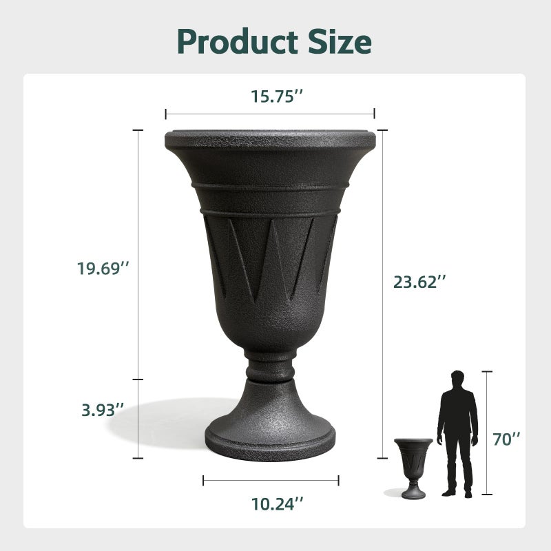 Trygoal 23.6" Tall Plastic Urn Planters for Outdoor Plants, Set of 2 Heavy-Duty Classic Indoor Large Flower Pots with Drainage Holes & Trophy Design, Outdoor Planters for Porch, Home Garden, Black - Image 2