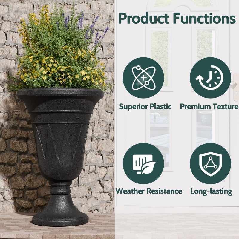 Trygoal 23.6" Tall Plastic Urn Planters for Outdoor Plants, Set of 2 Heavy-Duty Classic Indoor Large Flower Pots with Drainage Holes & Trophy Design, Outdoor Planters for Porch, Home Garden, Black - Image 5