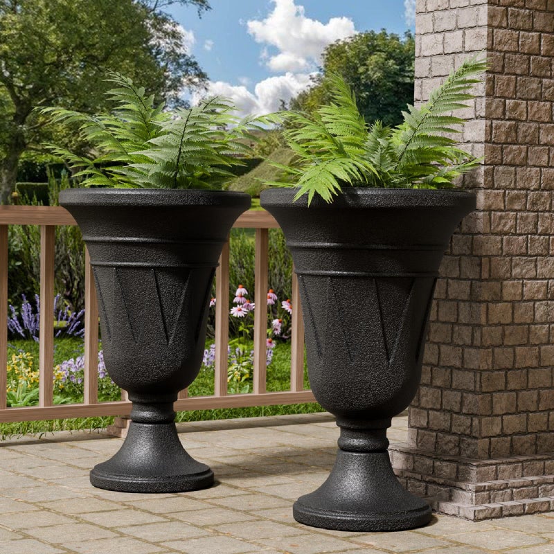 Trygoal 23.6" Tall Plastic Urn Planters for Outdoor Plants, Set of 2 Heavy-Duty Classic Indoor Large Flower Pots with Drainage Holes & Trophy Design, Outdoor Planters for Porch, Home Garden, Black - Image 1