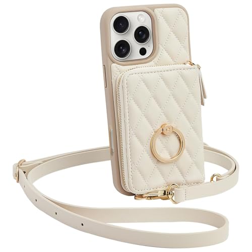 ZVE Wallet Case for iPhone 16 Pro Max with Card Holder Ring Stand Crossbody Zipper Wallet Lanyard Case for iPhone 16 Pro Max 69 InchBeige - Image 1