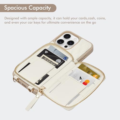 ZVE Wallet Case for iPhone 16 Pro Max with Card Holder Ring Stand Crossbody Zipper Wallet Lanyard Case for iPhone 16 Pro Max 69 InchBeige - Image 3