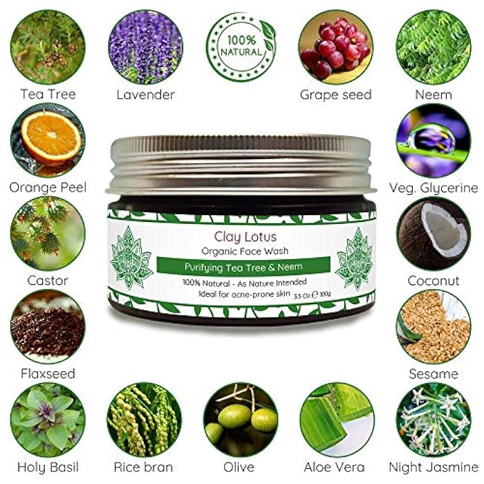 Clay Lotus Organic Face Wash - Acne-Prone, Oily Skin Cleanser with Tea Tree Oil & Neem. All-Natural Ingredients for Blemishes, Redness & Blackheads, Vegan Formula For Teens, Women and Men - Image 3