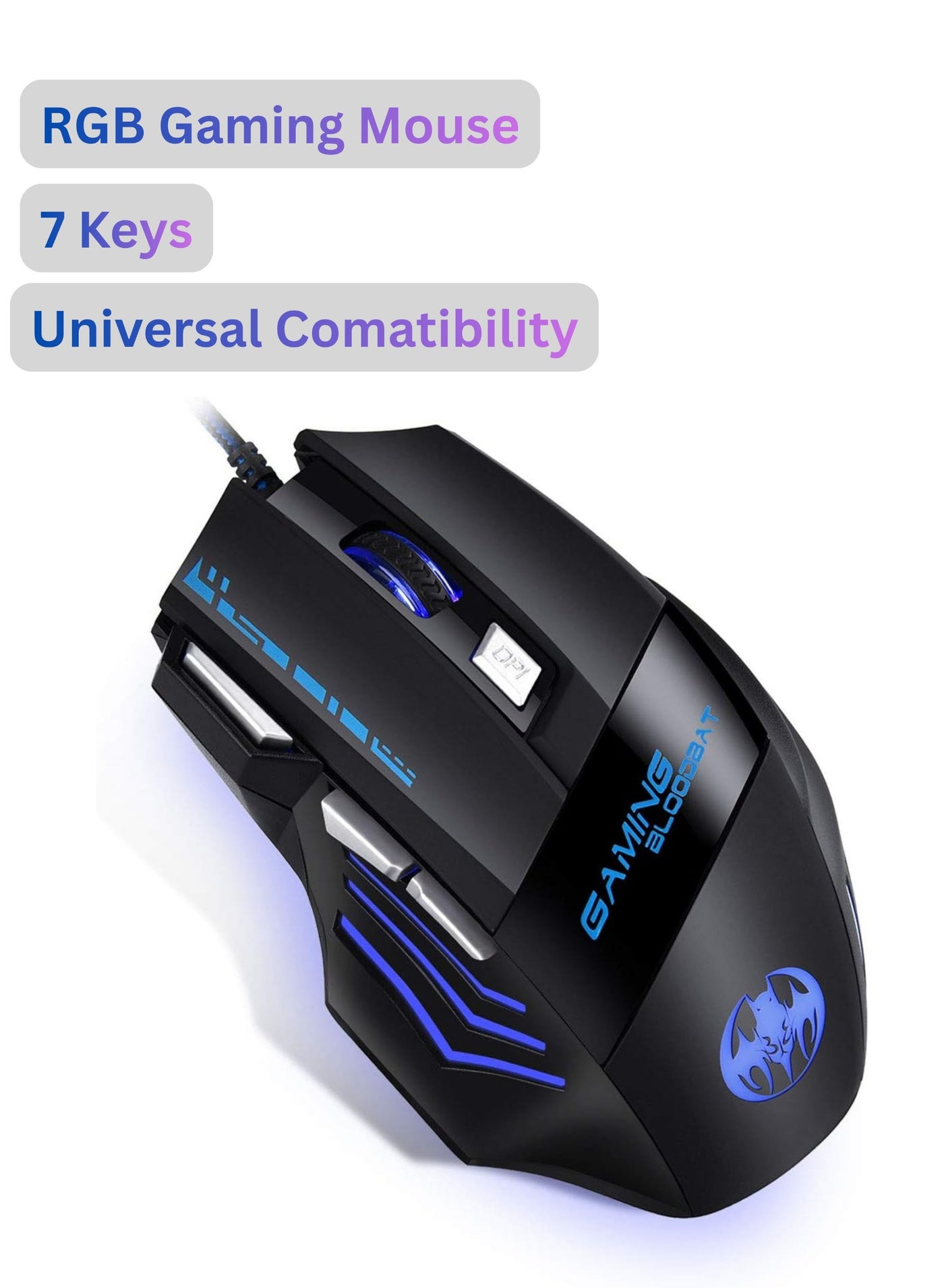 Kakusiga Essential RGB Gaming Mouse with 6,400 DPI Optical Sensor – 7 Key Operations, Non-Slipping Scroll, Ergonomic Design, LED Lighting, Black