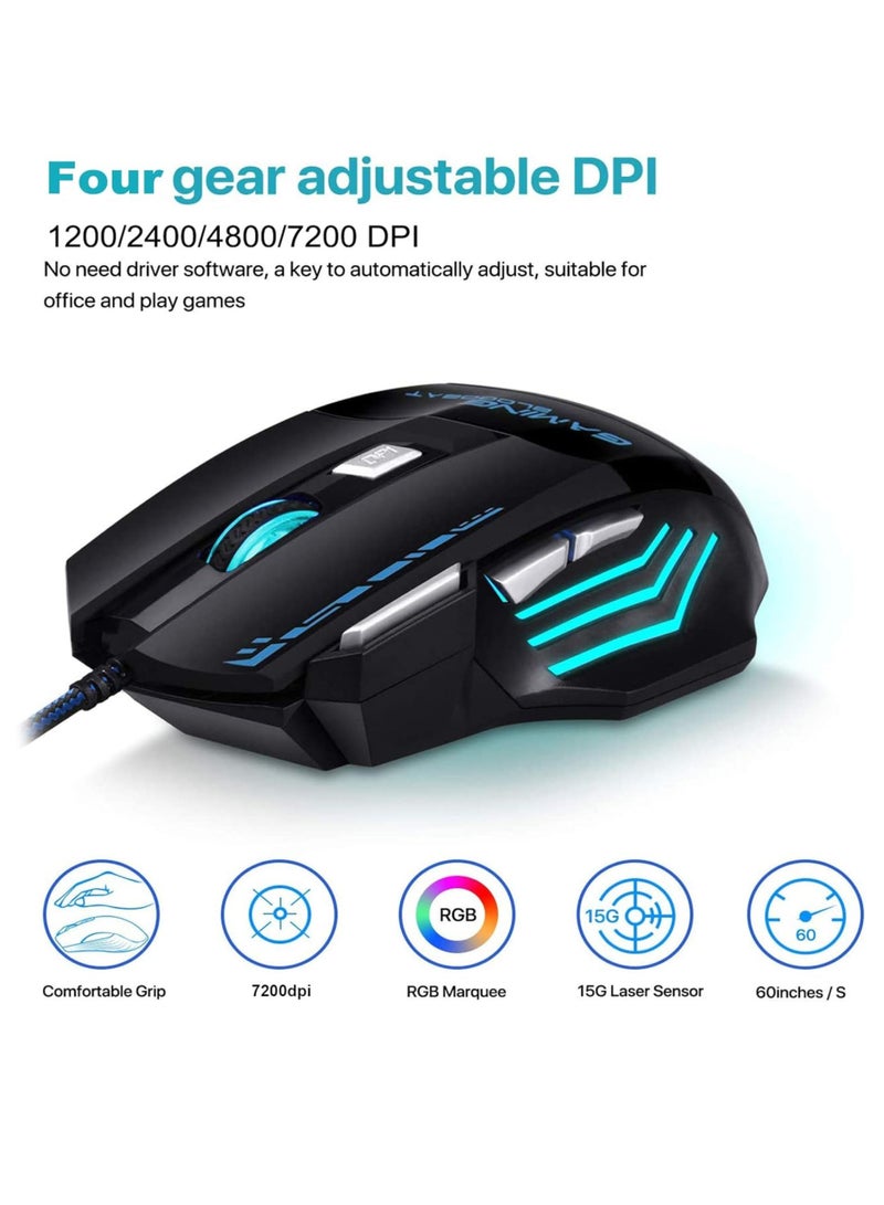 كاكوسيجا ماوس الألعاب السلكي Kakusiga RGB، مستشعر بصري بدقة 6400 نقطة في البوصة، 7 أزرار قابلة للبرمجة، تصميم مريح، إضاءة خلفية LED، عجلة تمرير مانعة للانزلاق، ماوس ألعاب USB عالي الدقة لأجهزة الكمبيوتر المحمولة والمكتبية - أسود - Image 3