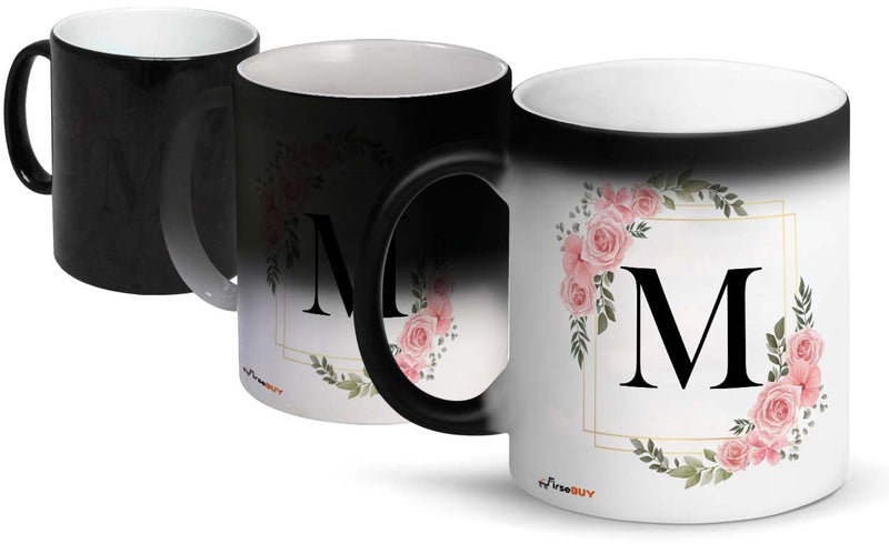 FirseBUY Letters M Ceramic Magic Cup 1Pcs Alphabet Floral Coffee CupLetter Mug Decorative Mug Gift for Women Men 11 oz Black - Image 1