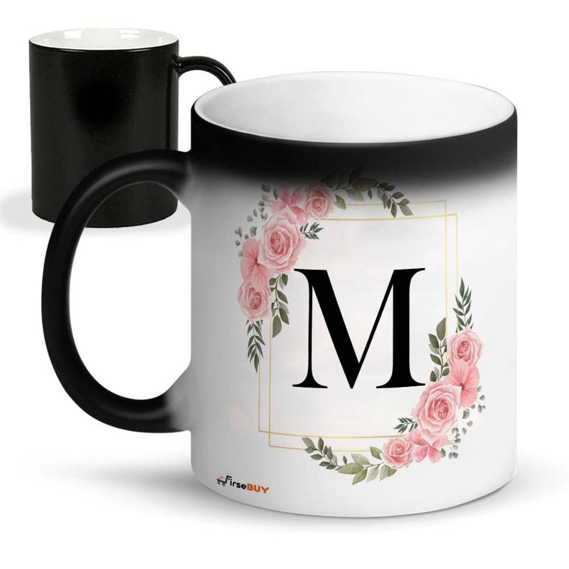 FirseBUY Letters M Ceramic Magic Cup 1Pcs Alphabet Floral Coffee CupLetter Mug Decorative Mug Gift for Women Men 11 oz Black - Image 5