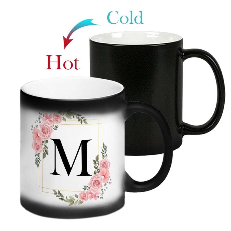 FirseBUY Letters M Ceramic Magic Cup 1Pcs Alphabet Floral Coffee CupLetter Mug Decorative Mug Gift for Women Men 11 oz Black - Image 3