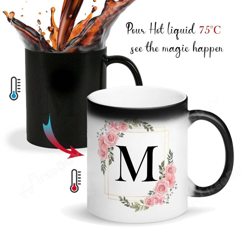 FirseBUY Letters M Ceramic Magic Cup 1Pcs Alphabet Floral Coffee CupLetter Mug Decorative Mug Gift for Women Men 11 oz Black - Image 2