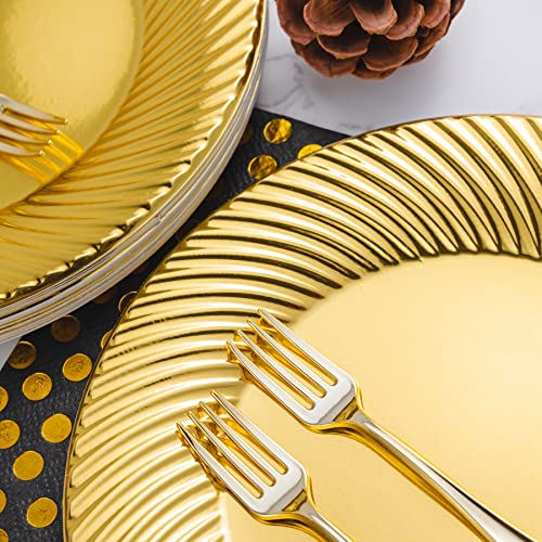 N9R 60pcs Gold Plastic Dessert Plates with Mini Forks, Include 30pcs Disposable Dessert Plates 7 inch, 30pcs Gold Appetizer Forks 3.94 inch, Premium and Comfortable for Wedding Birthday Party - Image 4