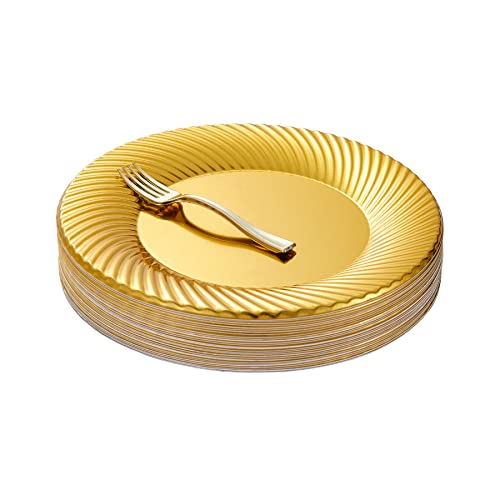 N9R 60pcs Gold Plastic Dessert Plates with Mini Forks, Include 30pcs Disposable Dessert Plates 7 inch, 30pcs Gold Appetizer Forks 3.94 inch, Premium and Comfortable for Wedding Birthday Party - Image 1