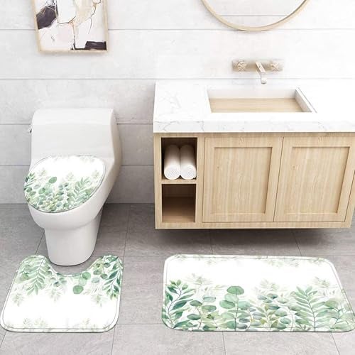 DDQQ Green Leaves Shower Curtain Sets with Non-Slip Rug, Toilet Lid Cover and Bath Mat, Plant Leaves Shower Curtain Sets with 12 Hooks, Shower Curtain for Bathroom Set Decor - Image 4
