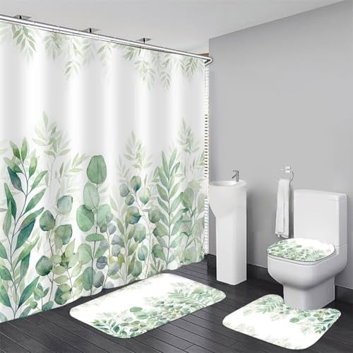 DDQQ Green Leaves Shower Curtain Sets with Non-Slip Rug, Toilet Lid Cover and Bath Mat, Plant Leaves Shower Curtain Sets with 12 Hooks, Shower Curtain for Bathroom Set Decor - Image 1