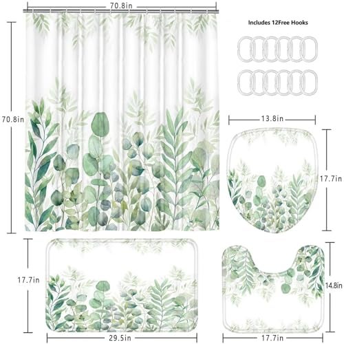 DDQQ Green Leaves Shower Curtain Sets with Non-Slip Rug, Toilet Lid Cover and Bath Mat, Plant Leaves Shower Curtain Sets with 12 Hooks, Shower Curtain for Bathroom Set Decor - Image 5