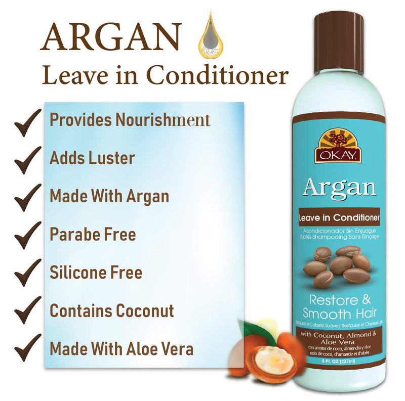 OKAY | Argan Leave In Conditioner | For All Hair Types & Textures | Restore, Hydrate & Smooth Hair | With Coconut, Almond, & Aloe Vera | Free Of Parabens, Silicones, Sulfates | 8 Oz - Image 2