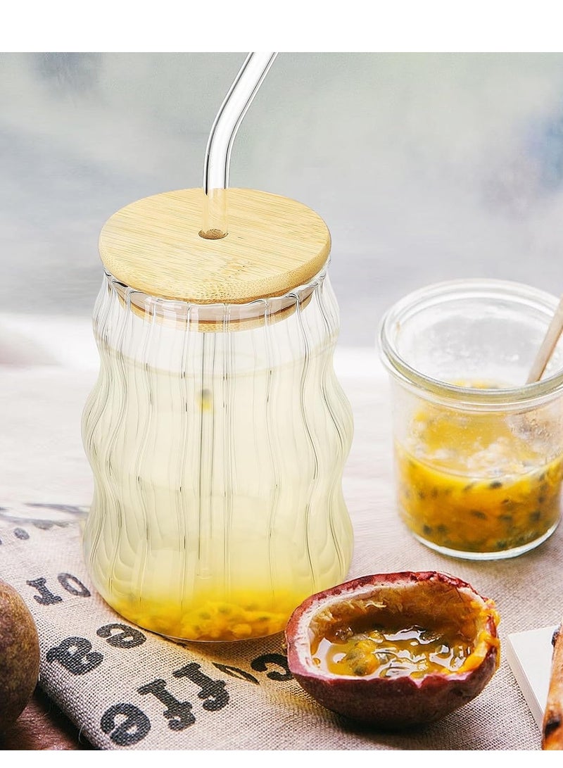 KASTWAVE Creative Drinking Glasses, 17oz set of 2 Wave Shaped Glass Cups with Lids and Straws Ice Coffee Glasses Vintage Ribbed Glassware for Juice Beverage - Image 2