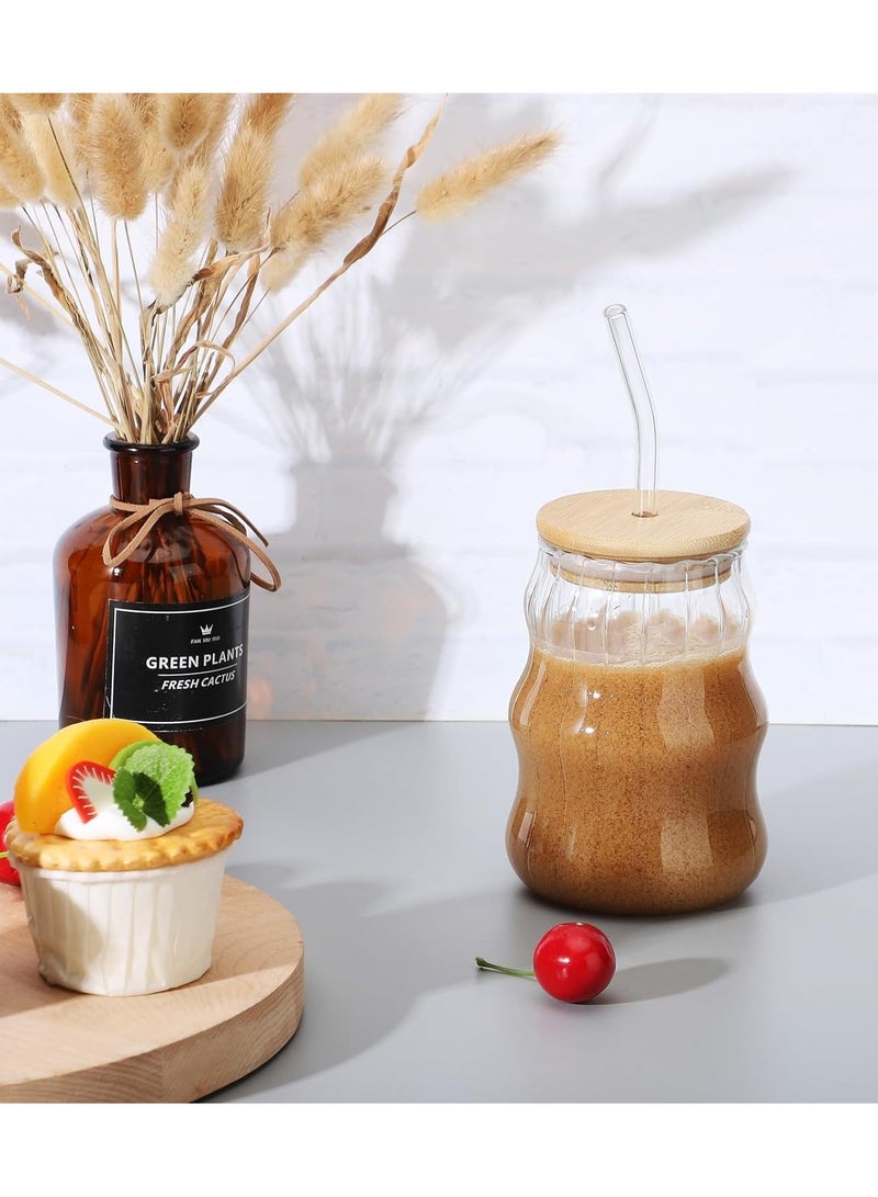 KASTWAVE Creative Drinking Glasses, 17oz set of 2 Wave Shaped Glass Cups with Lids and Straws Ice Coffee Glasses Vintage Ribbed Glassware for Juice Beverage - Image 3