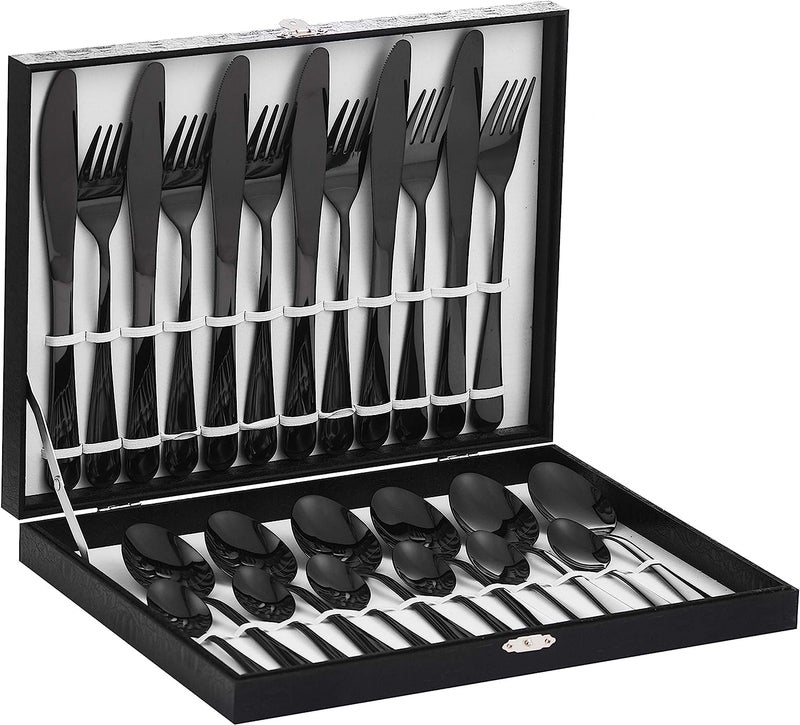 Velaze 24Piece Black Silverware Set Cutlery Set Stainless Steel Utensils Service for 6 Person Include Dinner Spoon Dinner Fork Dinner Knife and Tea Spoon Mirror Polished Design
