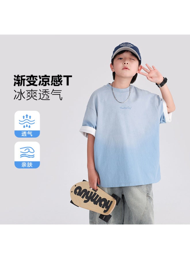 Boys' Summer Dopamine Gradient Short-sleeve T-shirt  New Model For Elementary School Children, Loose-fitting Cool Summer Top