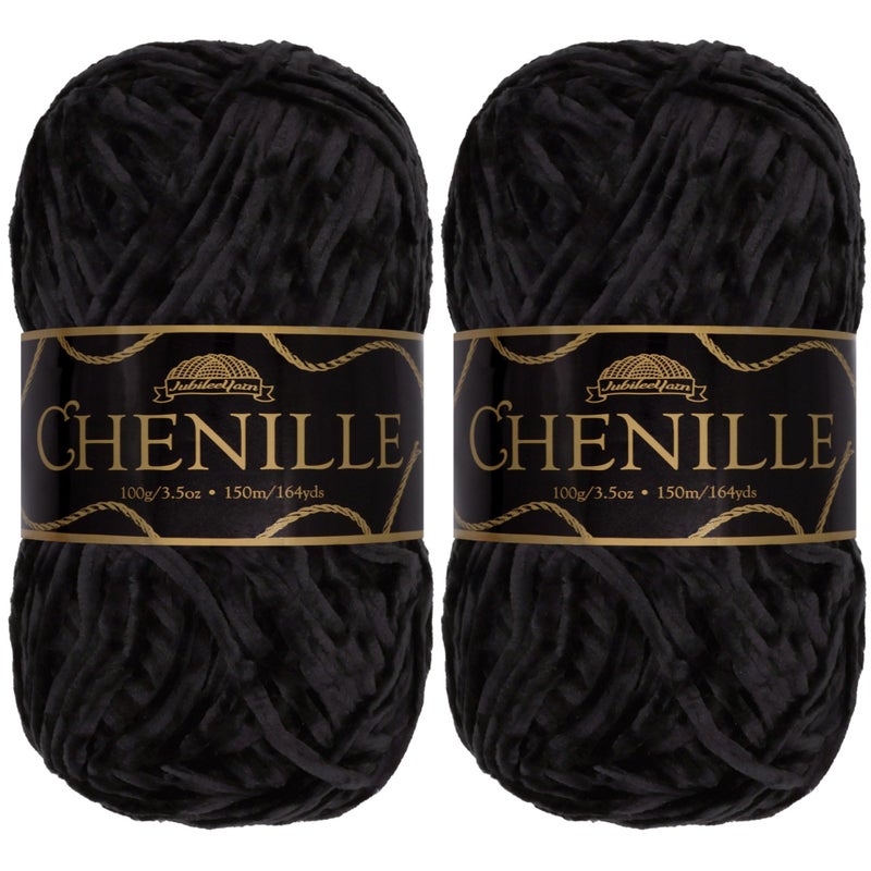 BambooMN خيوط جوبيل يارن شينيل 100 جرام خيوط وزن متوسط أوبسيديان أسود مخملي 2 خيط