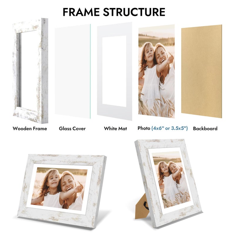 Hongkee 4x6 Picture Frame with Glass, Display Pictures 3.5x5 with Mat or 4 x 6 without Mat - Wall and Tabletop, 4 by 6 Photo Wooden Frames (Distressed White, 1 Pack) - Image 5