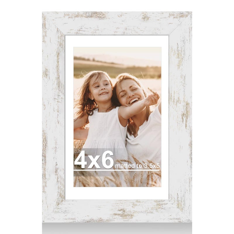 Hongkee 4x6 Picture Frame with Glass, Display Pictures 3.5x5 with Mat or 4 x 6 without Mat - Wall and Tabletop, 4 by 6 Photo Wooden Frames (Distressed White, 1 Pack) - Image 1