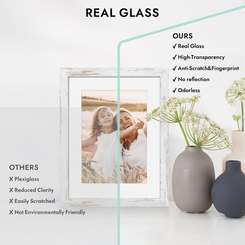 Hongkee 4x6 Picture Frame with Glass, Display Pictures 3.5x5 with Mat or 4 x 6 without Mat - Wall and Tabletop, 4 by 6 Photo Wooden Frames (Distressed White, 1 Pack) - Image 3