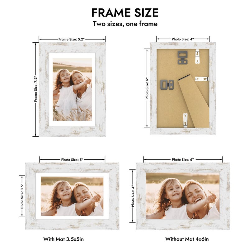 Hongkee 4x6 Picture Frame with Glass, Display Pictures 3.5x5 with Mat or 4 x 6 without Mat - Wall and Tabletop, 4 by 6 Photo Wooden Frames (Distressed White, 1 Pack) - Image 2